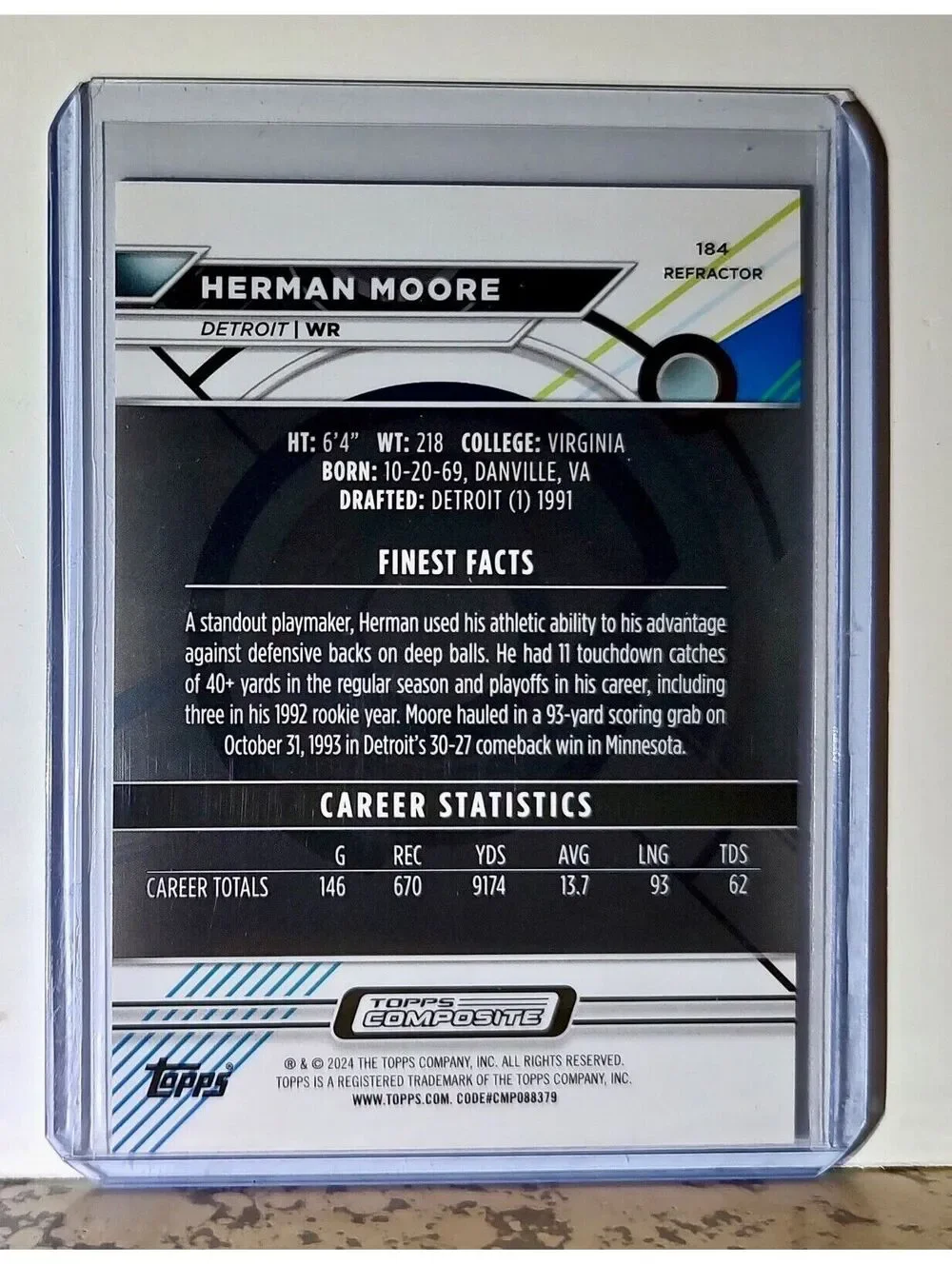 Herman Moore 2023 Topps Finest Refractor NFL #184 Football Card Detroit Lions